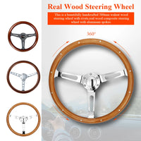 Real Wood 380mm Drift Racing Car Steering Wheel, Deep Dish Classic Car Wooden Grain Steering Wheels
