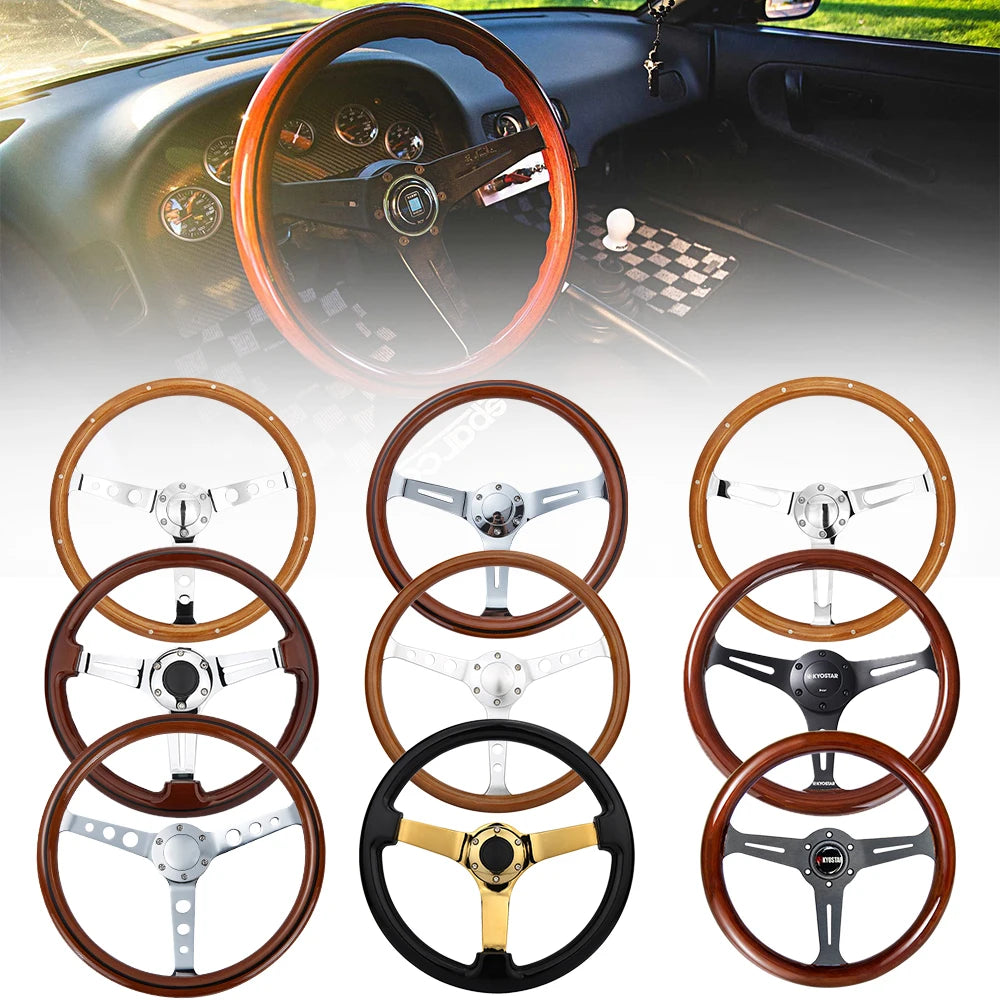Real Wood 380mm Drift Racing Car Steering Wheel, Deep Dish Classic Car Wooden Grain Steering Wheels