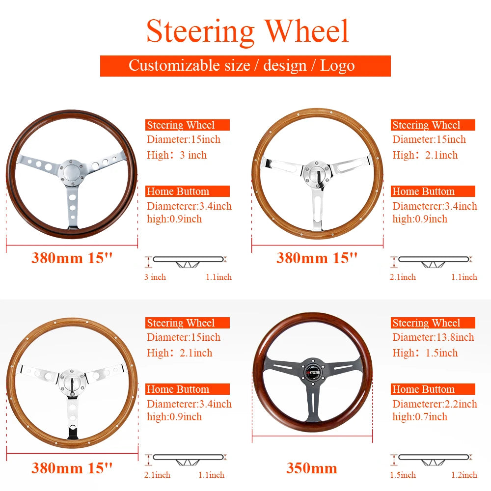 Real Wood 380mm Drift Racing Car Steering Wheel, Deep Dish Classic Car Wooden Grain Steering Wheels