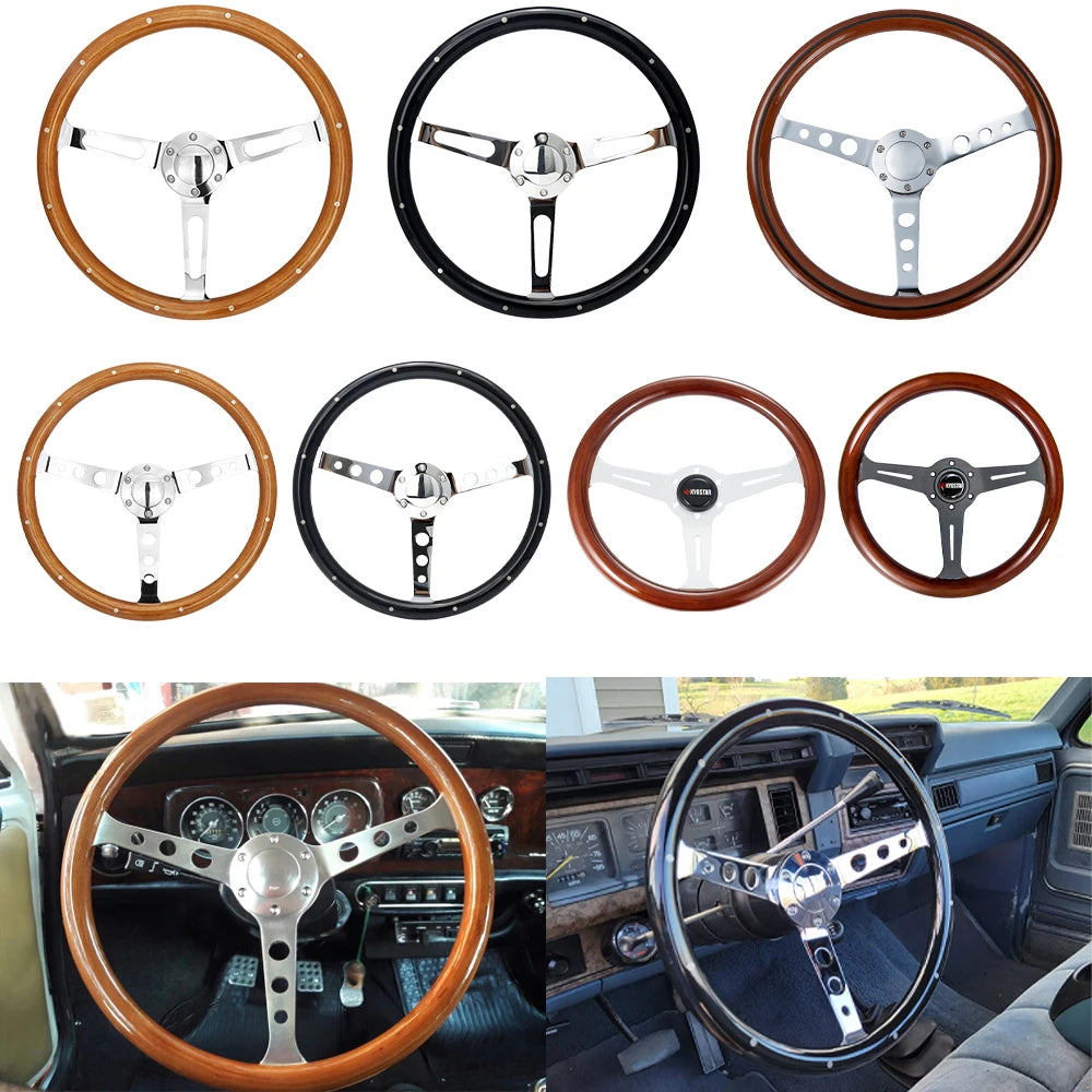 Real Wood 380mm Drift Racing Car Steering Wheel, Deep Dish Classic Car Wooden Grain Steering Wheels