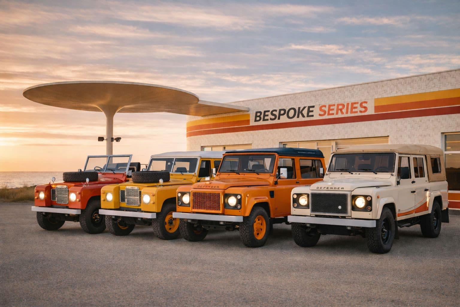 Bespoke Series — four Land Rovers in front of BESPOKE SERIES building at golden hour