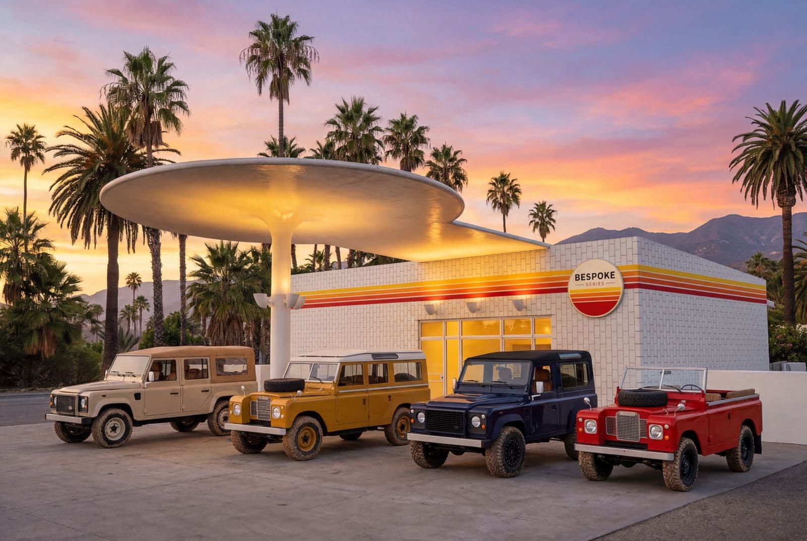 Bespoke Series — four Land Rovers in front of BESPOKE SERIES building at golden hour