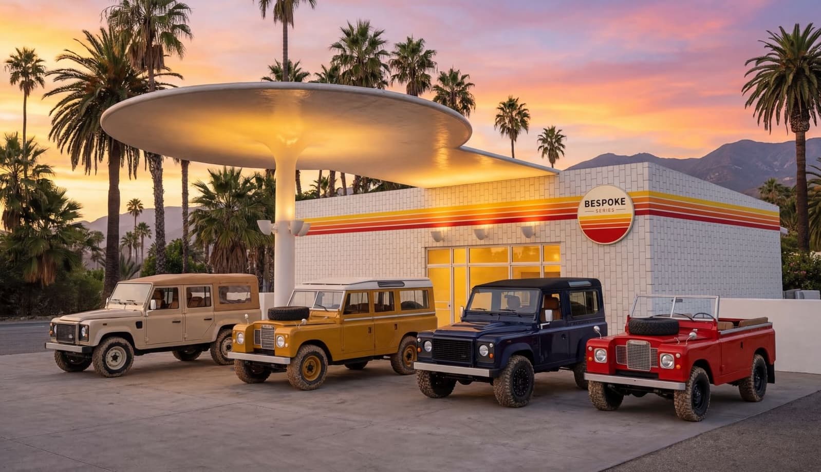 Bespoke Series — four Land Rovers in front of BESPOKE SERIES building at golden hour
