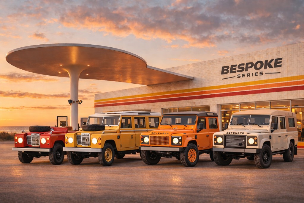 Bespoke Series — four Land Rovers in front of BESPOKE SERIES building at golden hour