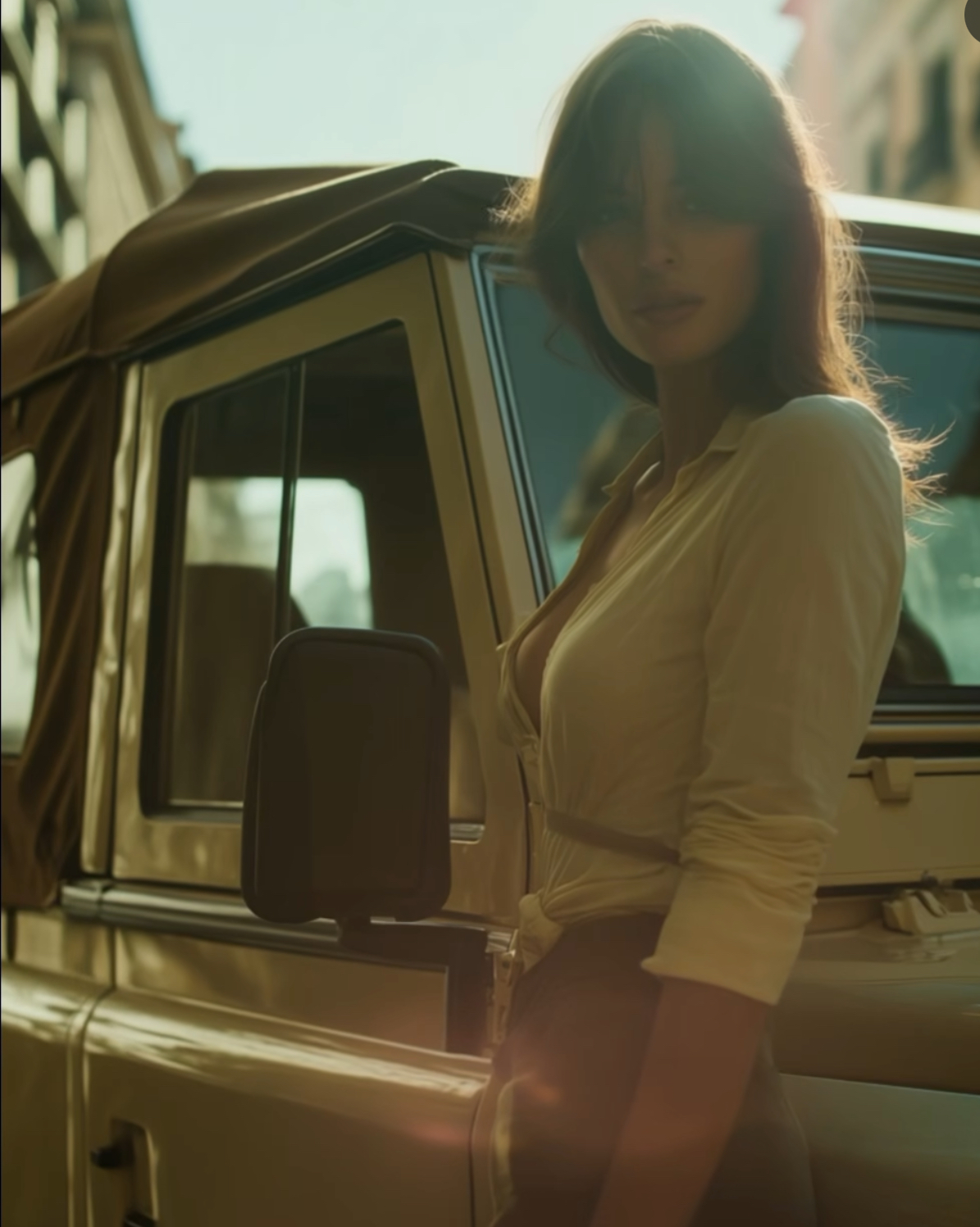 Woman in cream outfit with vintage Series Land Rover