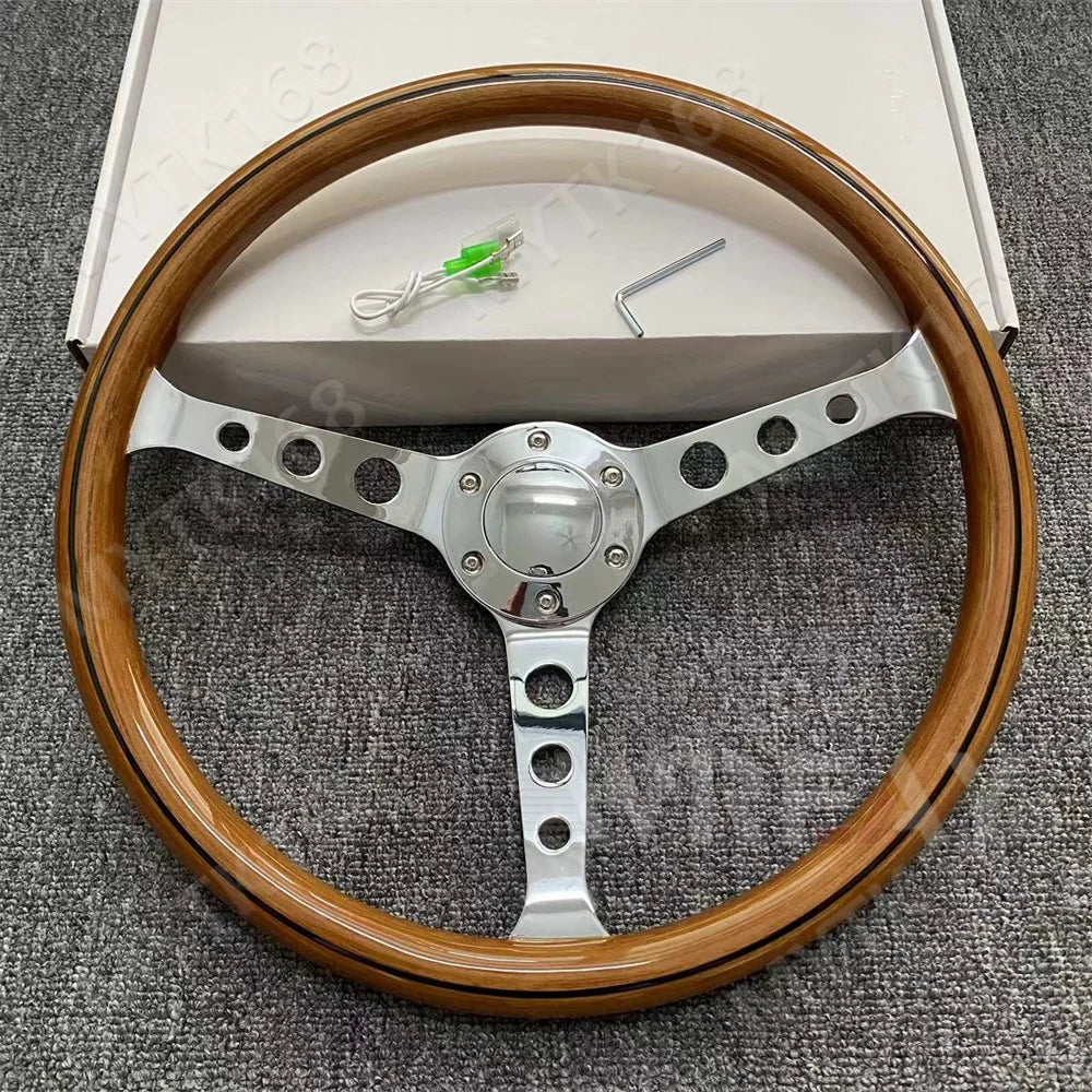 Real wood Universal 380mm 15" Classic Wooden Steering Wheel Chrome Silver Spoke Vintage Classic Style