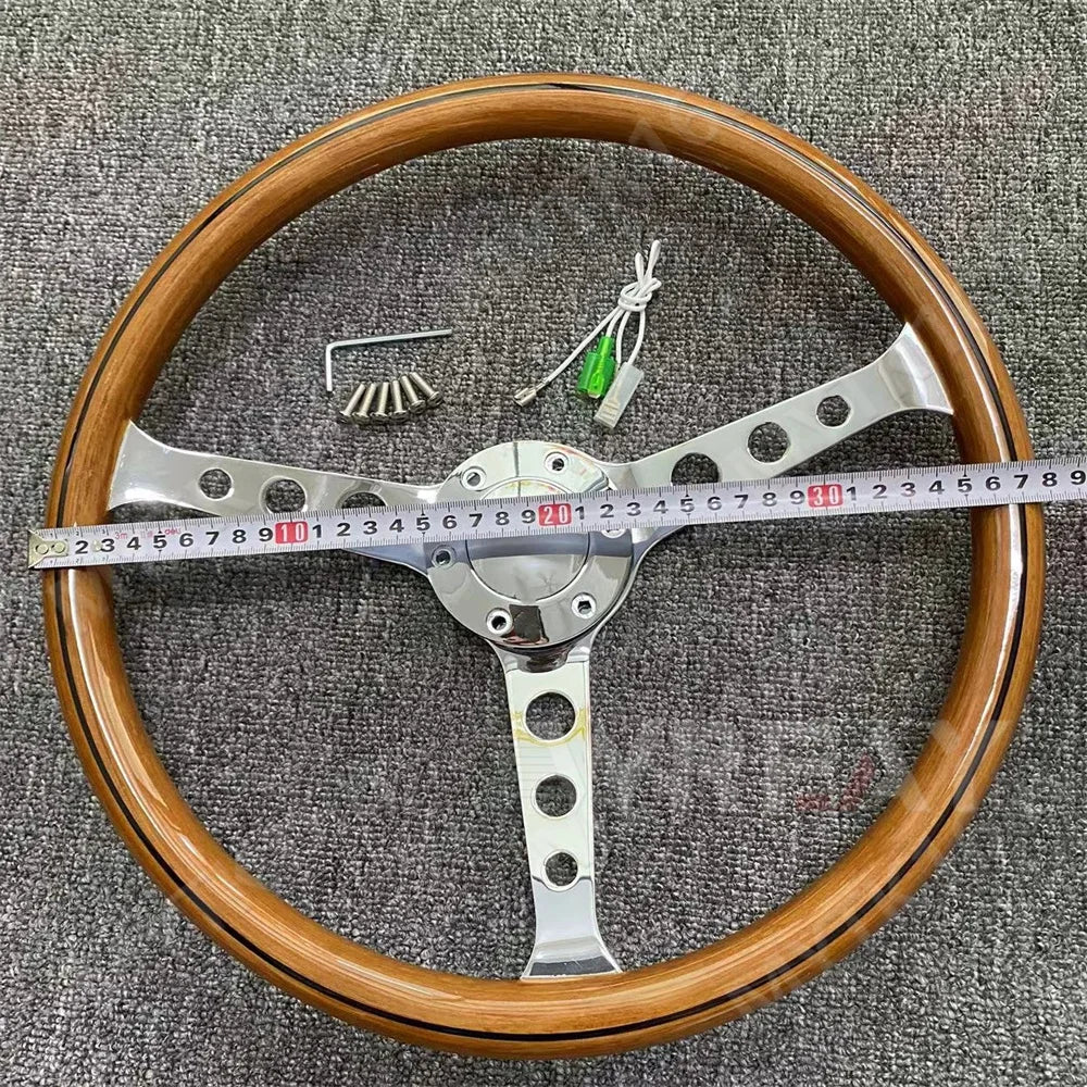 Real wood Universal 380mm 15" Classic Wooden Steering Wheel Chrome Silver Spoke Vintage Classic Style