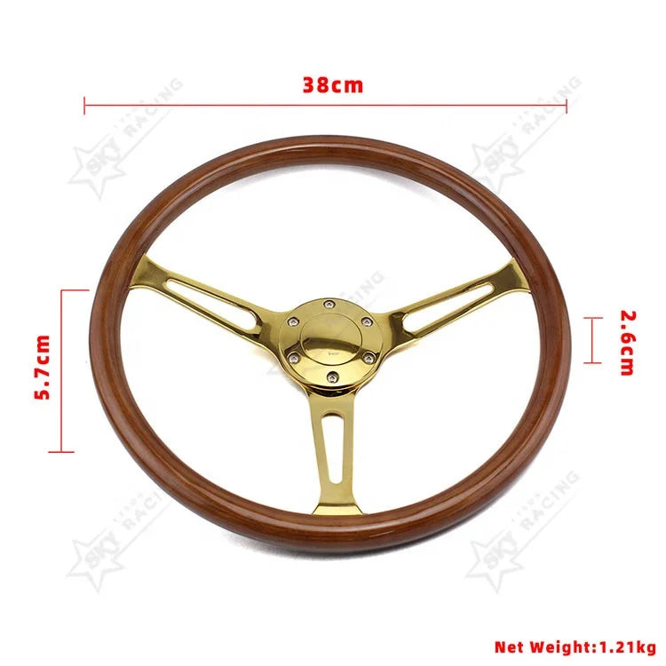 Universal 380mm Classic Real Wooden Steering Wheel 15 Inch Car Chrome Black/Gold Spoke Wood Grain Steering Wheel