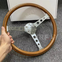 Real wood Universal 380mm 15" Classic Wooden Steering Wheel Chrome Silver Spoke Vintage Classic Style