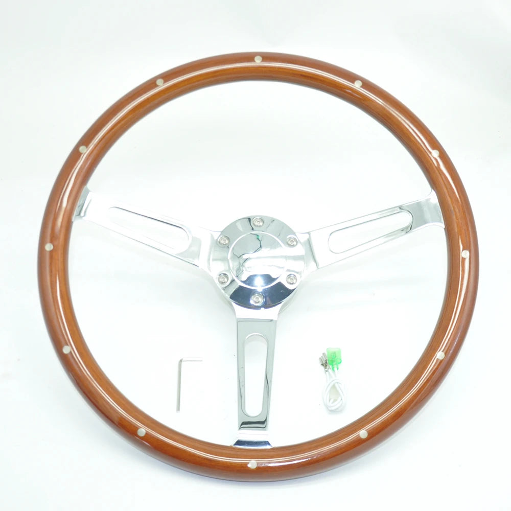 Universal 380MM 15 Inch 6 Holes Classic Brown Real Wood Steering Wheel & Stainless Steel Spoke