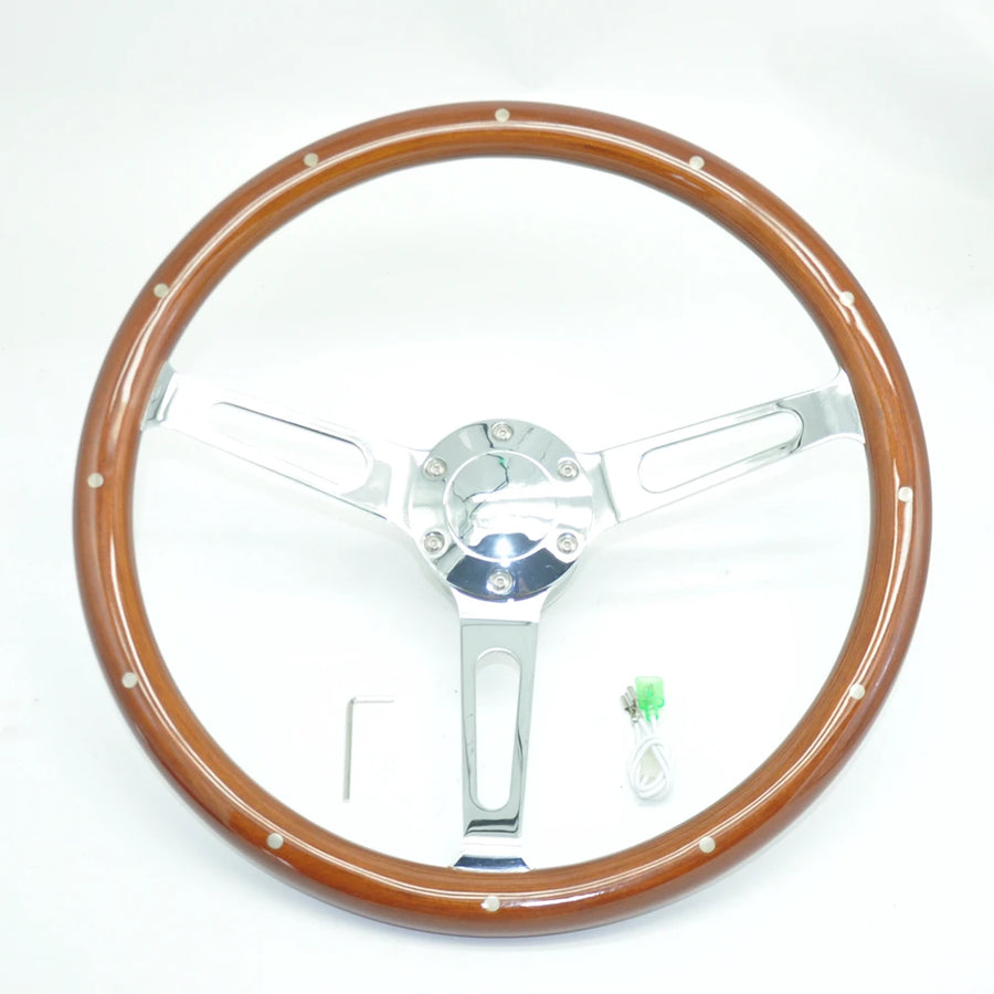 Universal 380MM 15 Inch 6 Holes Classic Brown Real Wood Steering Wheel & Stainless Steel Spoke