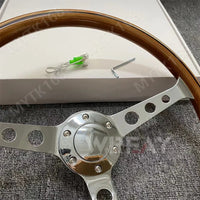 Real wood Universal 380mm 15" Classic Wooden Steering Wheel Chrome Silver Spoke Vintage Classic Style