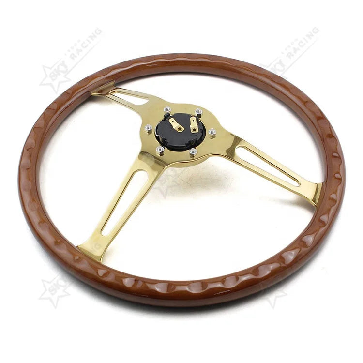 Universal 380mm Classic Real Wooden Steering Wheel 15 Inch Car Chrome Black/Gold Spoke Wood Grain Steering Wheel