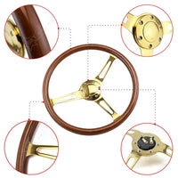 Universal 380mm Classic Real Wooden Steering Wheel 15 Inch Car Chrome Black/Gold Spoke Wood Grain Steering Wheel