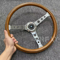 Real wood Universal 380mm 15" Classic Wooden Steering Wheel Chrome Silver Spoke Vintage Classic Style