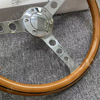 Real wood Universal 380mm 15" Classic Wooden Steering Wheel Chrome Silver Spoke Vintage Classic Style