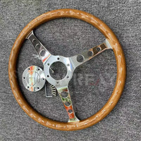 Real wood Universal 380mm 15" Classic Wooden Steering Wheel Chrome Silver Spoke Vintage Classic Style