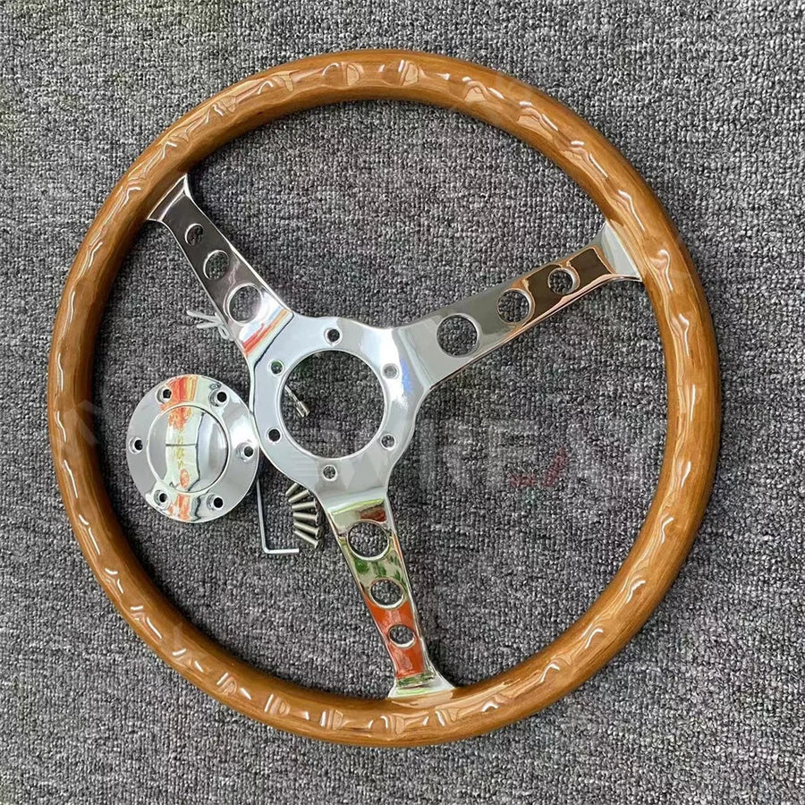 Real wood Universal 380mm 15" Classic Wooden Steering Wheel Chrome Silver Spoke Vintage Classic Style