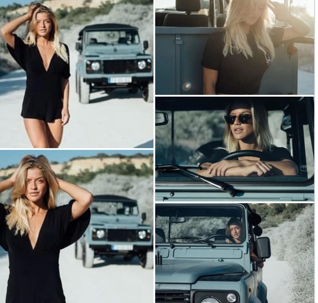 Collage of woman with light blue Defender on white sand
