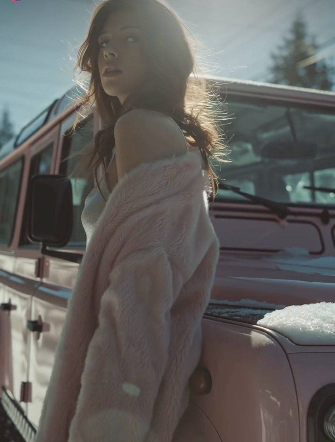 Pastel pink Defender in snow with woman in faux fur